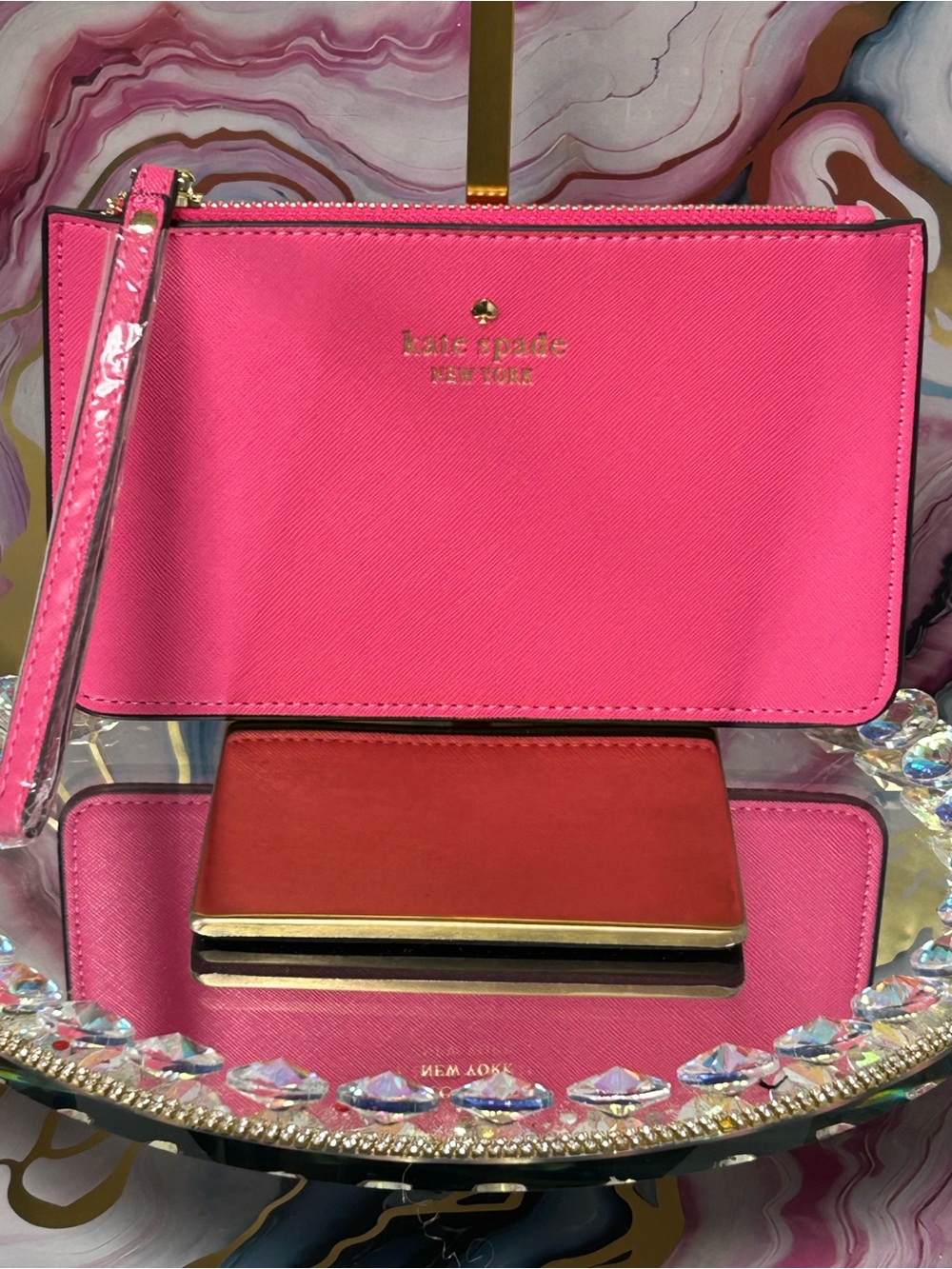kate spade Bright Pink Logo Zip Pouch wi/Gold Accents Approx. 8 x6 Box included - Picture 4 of 13